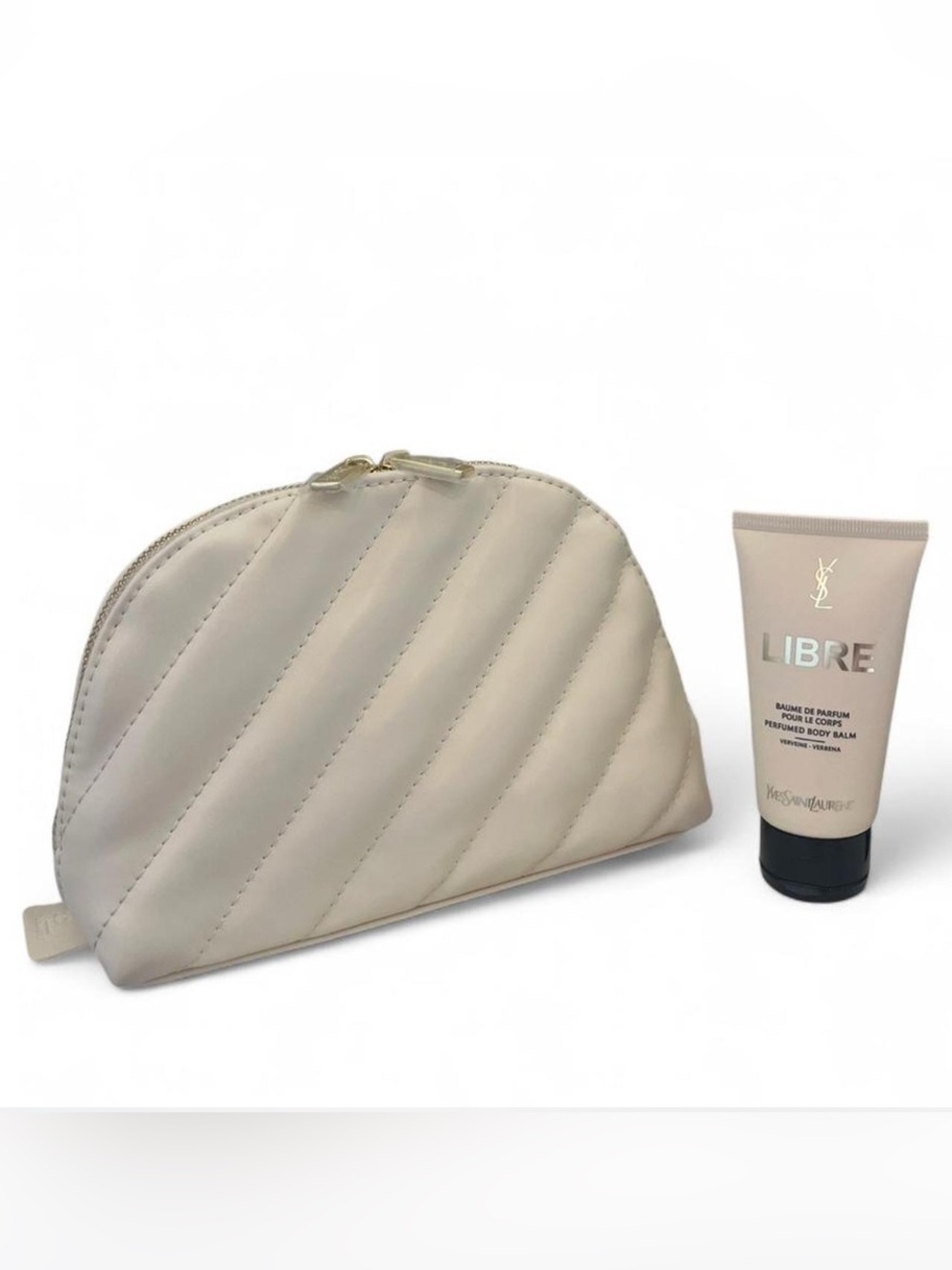Yves Saint Laurent Quilted Cream Ivory Makeup Cosmetic Bag & YSL Libre Body Balm